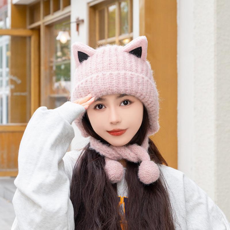 Cat Ears Knitted Hat Women'S Autumn And Winter Warm Cute Ear Protection Wool Hat Big Head Circumference Show Face Small Velvet Cold Hat