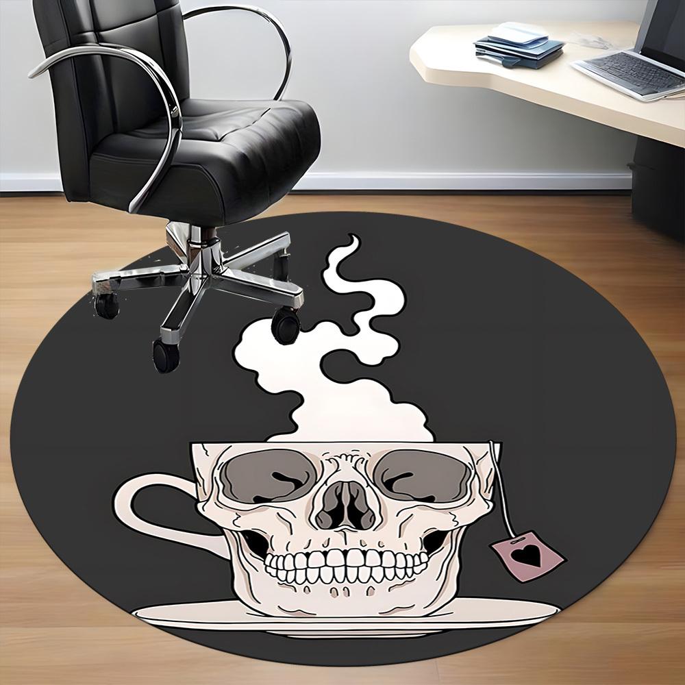 1pc Coffee Skull Office Round Area Rug, Under Office Chairs Bedroom Living Room Home Decor, Room Deco