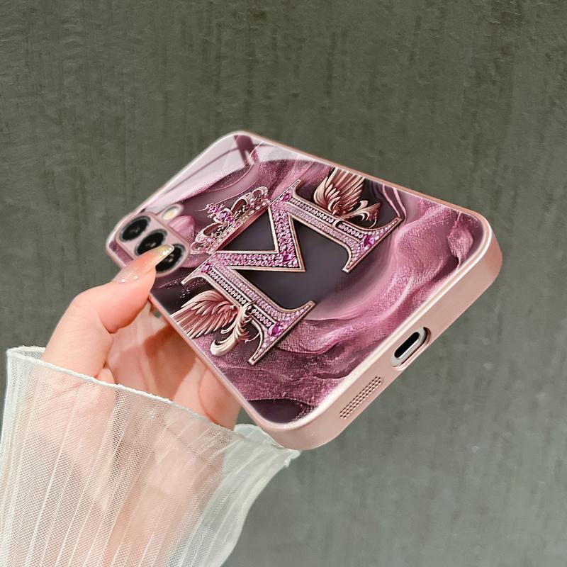 Pink Marble Crown Letter M Pattern Glass Phone Case for Galaxy Samsung Galaxy S26 S25 S24 S23 S22 S21 and other models
