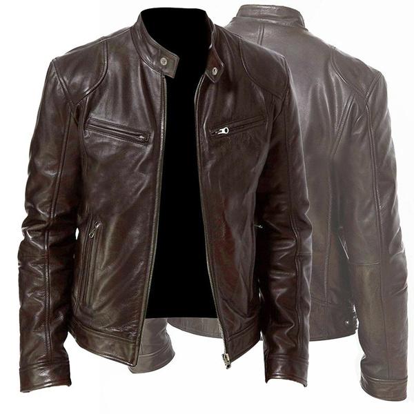 Yomiafy Mens Classic Vintage Stand Collar Zipper Faux Leather Jacket Multi Pocket Loose Casual Outerwear Coats Yomiafy Mens Classic Vintage Stand Collar Zipper Faux Leather Jacket Multi Pocket Loose Casual Outerwear Coats