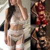 3Pcs Sexy Women See Through Floral Lace Babydoll Bra Briefs Garter Underwear Set