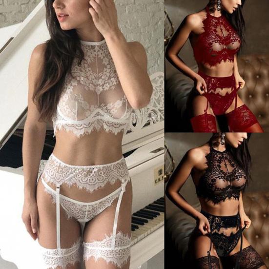 3Pcs Sexy Women See Through Floral Lace Babydoll Bra Briefs Garter Underwear Set
