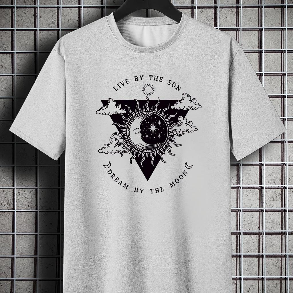 Live By The Sun Dream By The Moon Graphic Mens Cotton TShirt Casual Oversized Crew Neck Tee