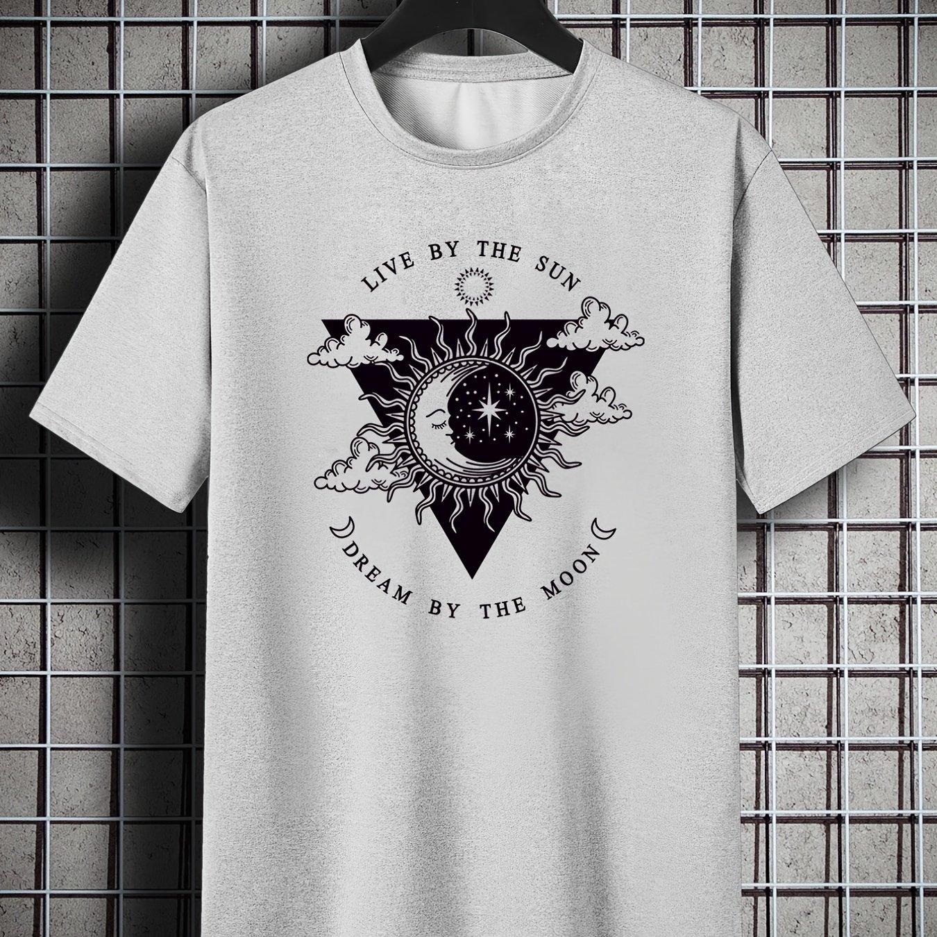 Live By The Sun Dream By The Moon Graphic Mens Cotton TShirt Casual Oversized Crew Neck Tee S