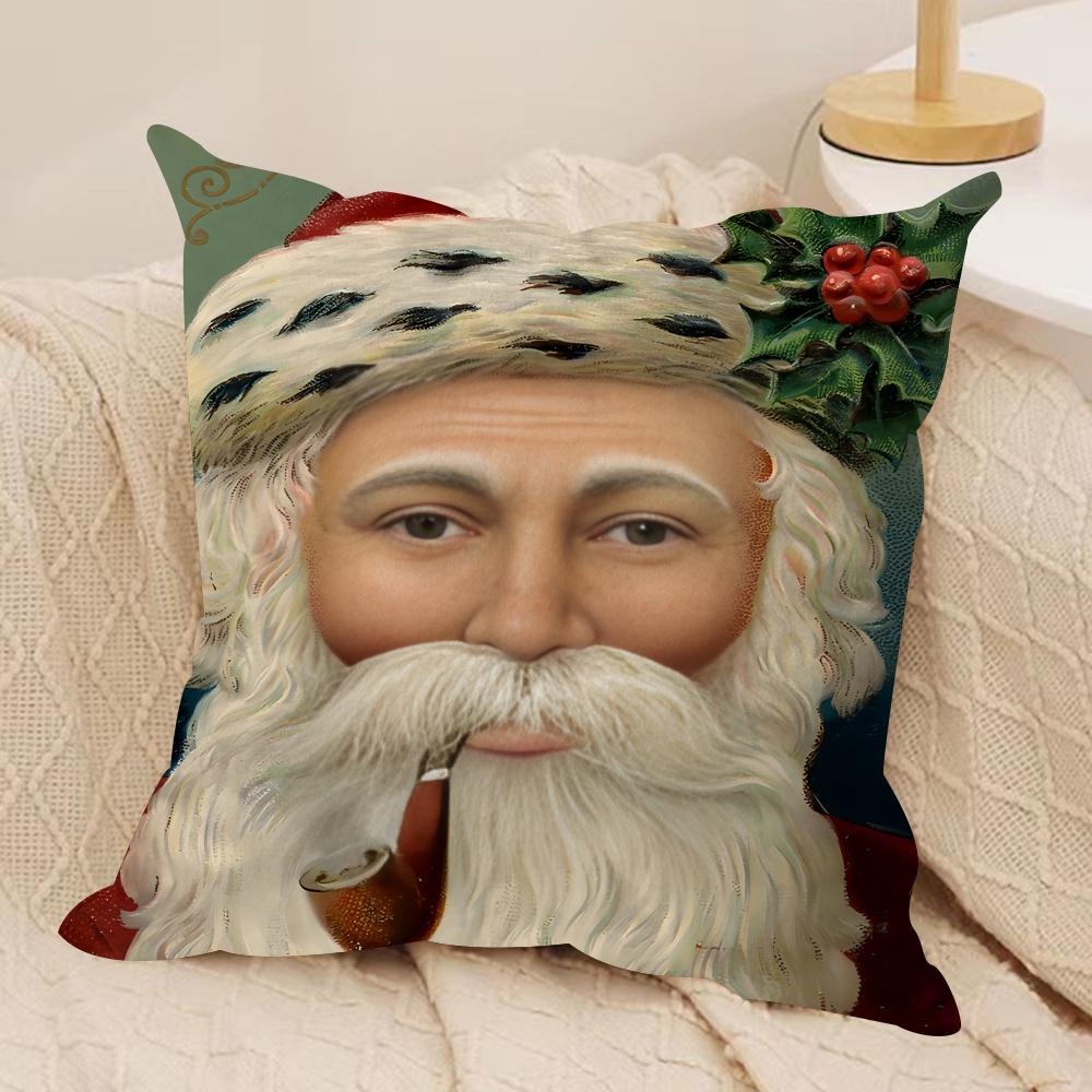 Retro Christmas Santa Claus Cushion Cover Silky Short Plush Invisible Zipper Dustproof Sofa Pillow Case For Home Decor