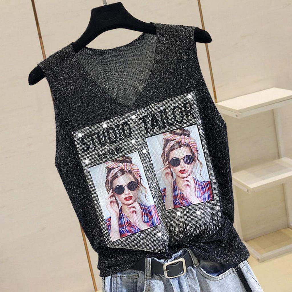 2023 Shiny Silk Sleeveless V-Neck Women's Vest - Spring/Summer New Style, Loose Fit with Hot Diamond Sling Knitted Design