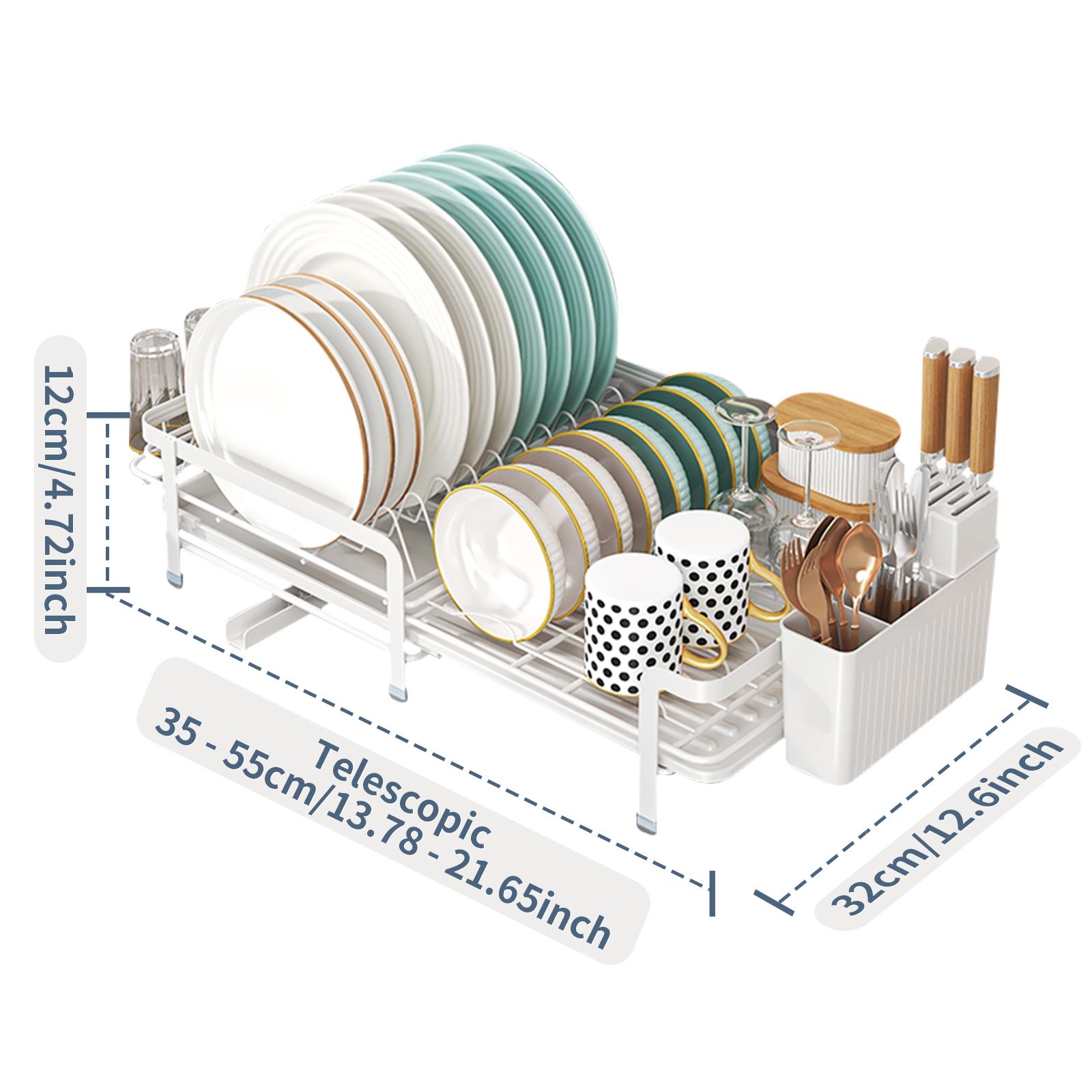 

Расширяемая стойка для хранения посуды, Кухонная стойка для посуды с поддоном, Кухонный органайзер для хранения, Металлическая стойка для хранения посуды белый