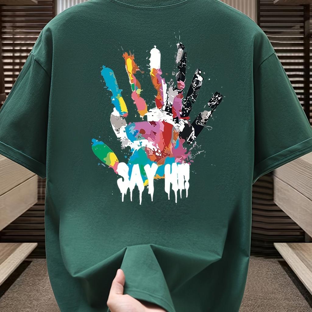 Men's Summer 100 Cotton Fashionable Casual Sports Loose Large Size Color Handprint Round Neck Short Sleeve T-shirt Top