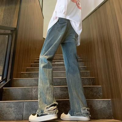 High Street Vintage Hole Loose Trousers Autumn Winter High Waist Denim Pants Men's Clothing Wide Leg Stylish Distressed Jeans