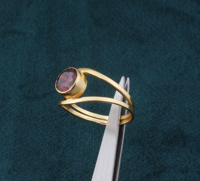 Red Garnet Double Band 22kt Gold Plated Brass Ring For Men Women, Handmade Round Gemstone Gold Ring Gifts Idea Wedding Anniversary Birthday