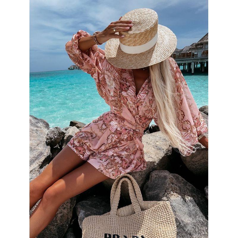 Sweet New V Neck Chain Floral Lace-up Jumpsuit