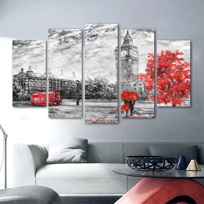 5 Panels Landscape Posters Canvas Painting Building Prints Red London Clock Modern Home Decor Wall Art Pictures For Living Room