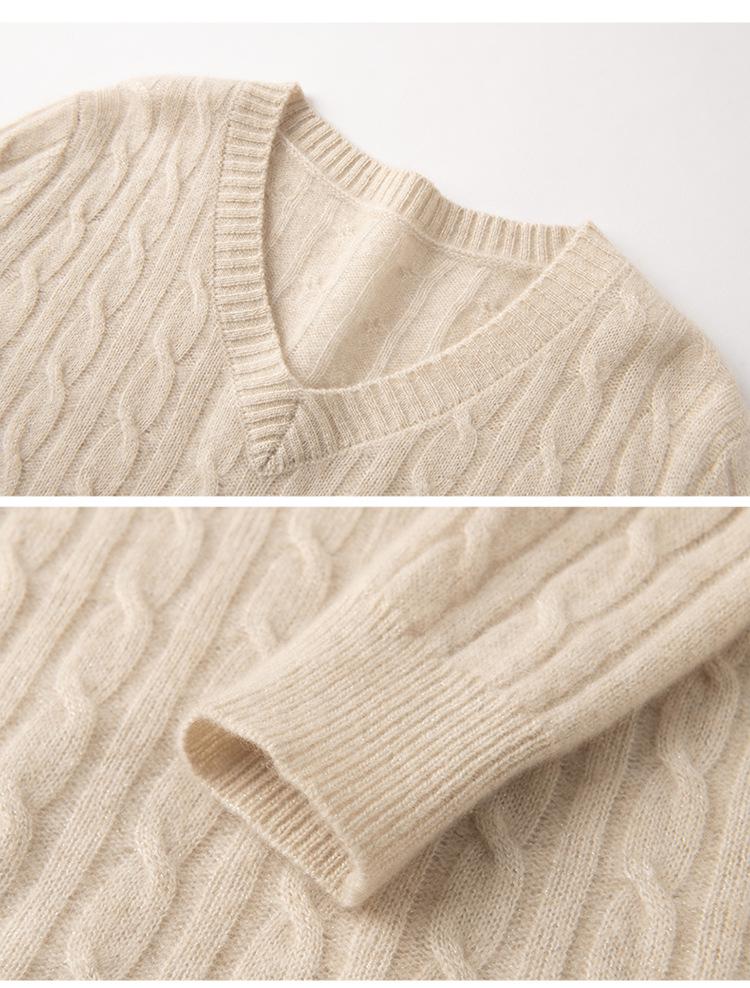 Women's 100% Pure Cashmere V-Neck Cable Knit Sweater - Bright Silk, Loose Fit, Long Sleeve