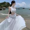 French Red Hollow Slanted Shoulder Sleeveless Dress Women's Summer High Sense Seaside Vacation Temperament Slim Long Skirt