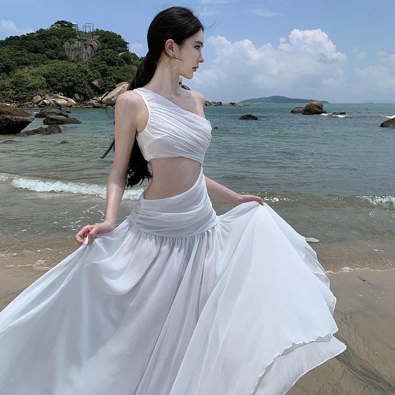 French Red Hollow Slanted Shoulder Sleeveless Dress Women's Summer High Sense Seaside Vacation Temperament Slim Long Skirt