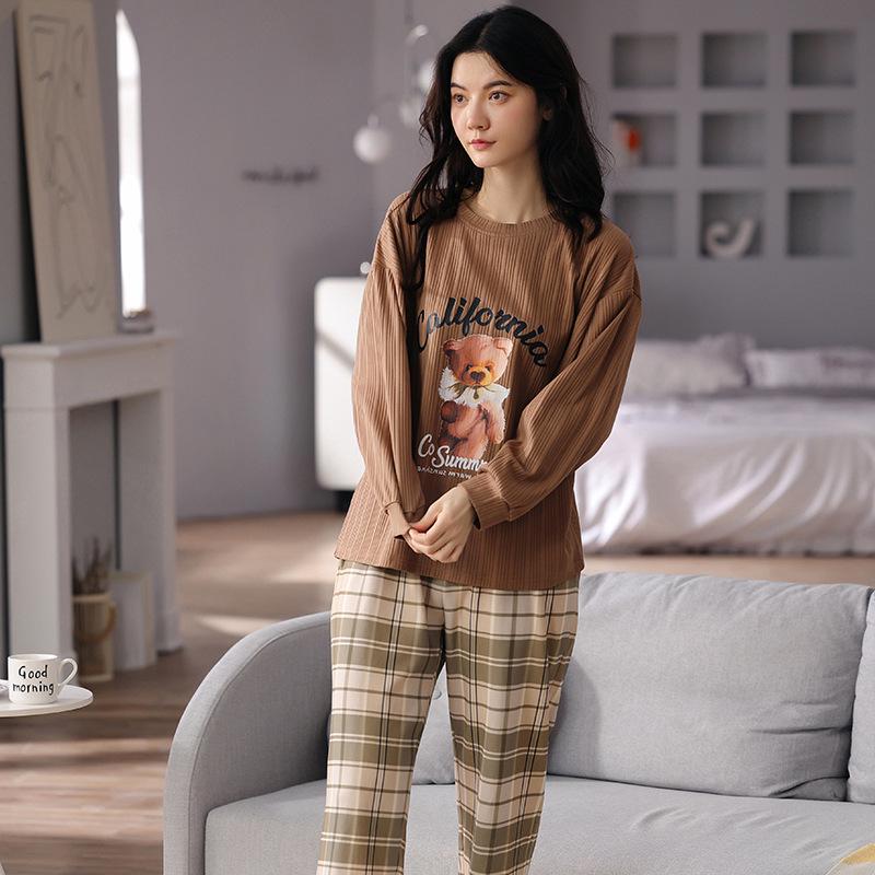 2025 Women's Spring & Autumn Cute Cartoon Cotton Pajamas - Long Sleeve & Pants, Comfortable Pullover for Homewear