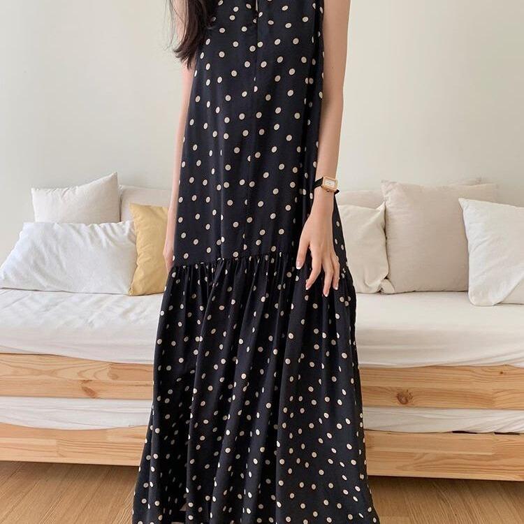 Lazy seaside resort style sleeveless vest polka dot long skirt Han Fan temperament loose long dress