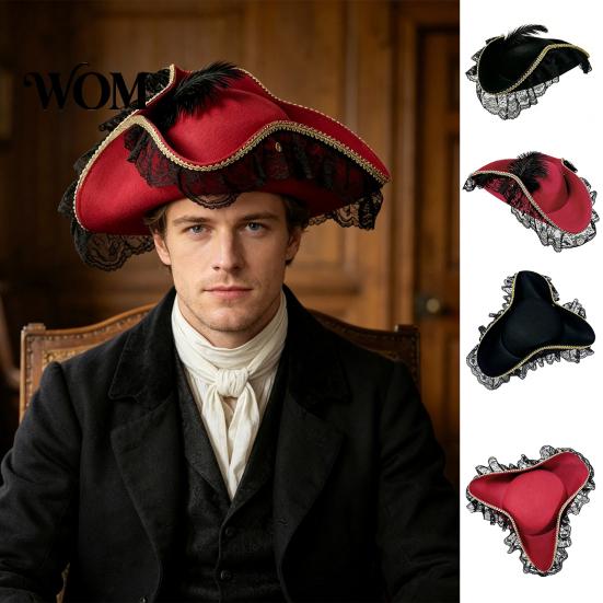 Accessorio Costume da Capitano Cappello Pirata di Halloween, Accessorio, con Pizzo Bordo Borgogna Cappello Retrò e Decorazione Piumata, Leggero Stile Vintage Berretto da Bucaniere
