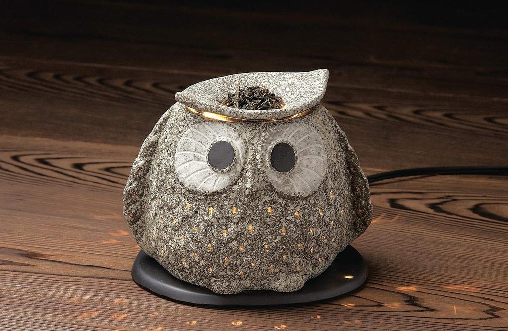 Tokoname Ware Tea Censer: Electric Tea Censer (with ceramic plate, 100V 40W power supply) Yamabo Kiln Stone Owl Design, Multi-purpose, Size: 13 x