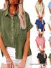 2026 Spring/Summer Women's Cotton Linen Pocket Short Sleeve Shirt