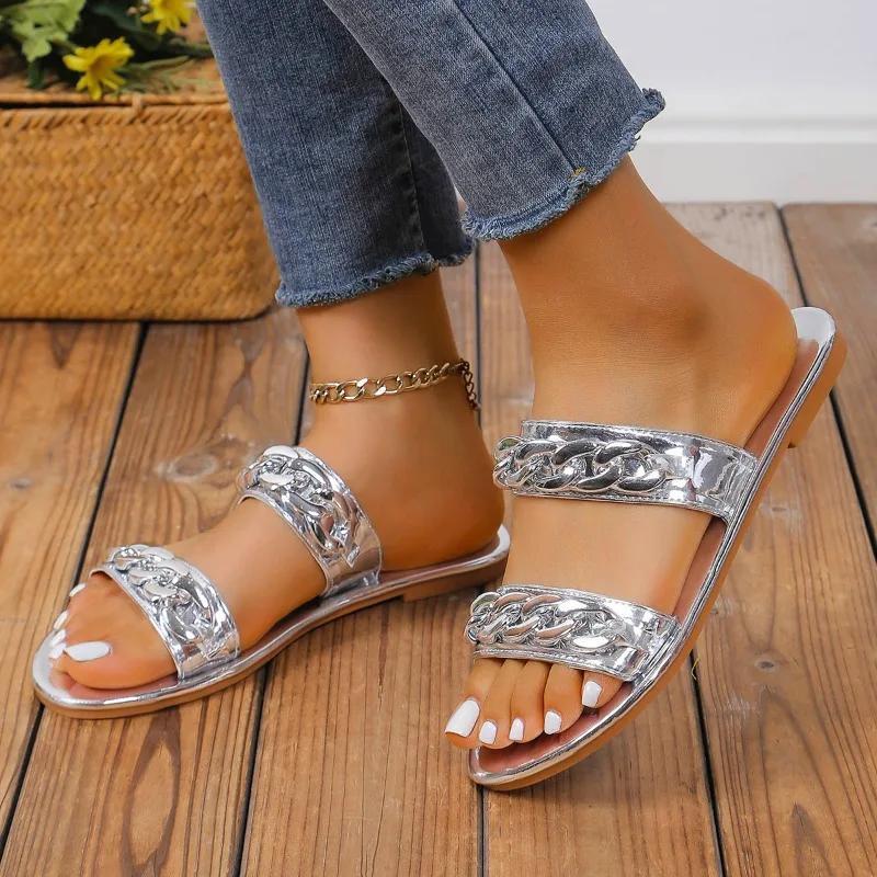 Fashion Ladies Shoes 2024 Hot Sale Open Toe Women Slippers Summer Chain Solid Outdoor Casual Beach Flat Large Size Comfortable Slippers