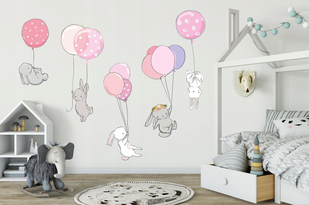 Decorative Sticker For Kids - Rabbits With Balloons Pink