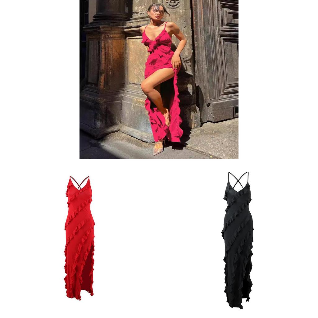 Sexy V Neck Milk Silk Sleeveless Dress With Ruffle Edge And Side Slit For Night Out
