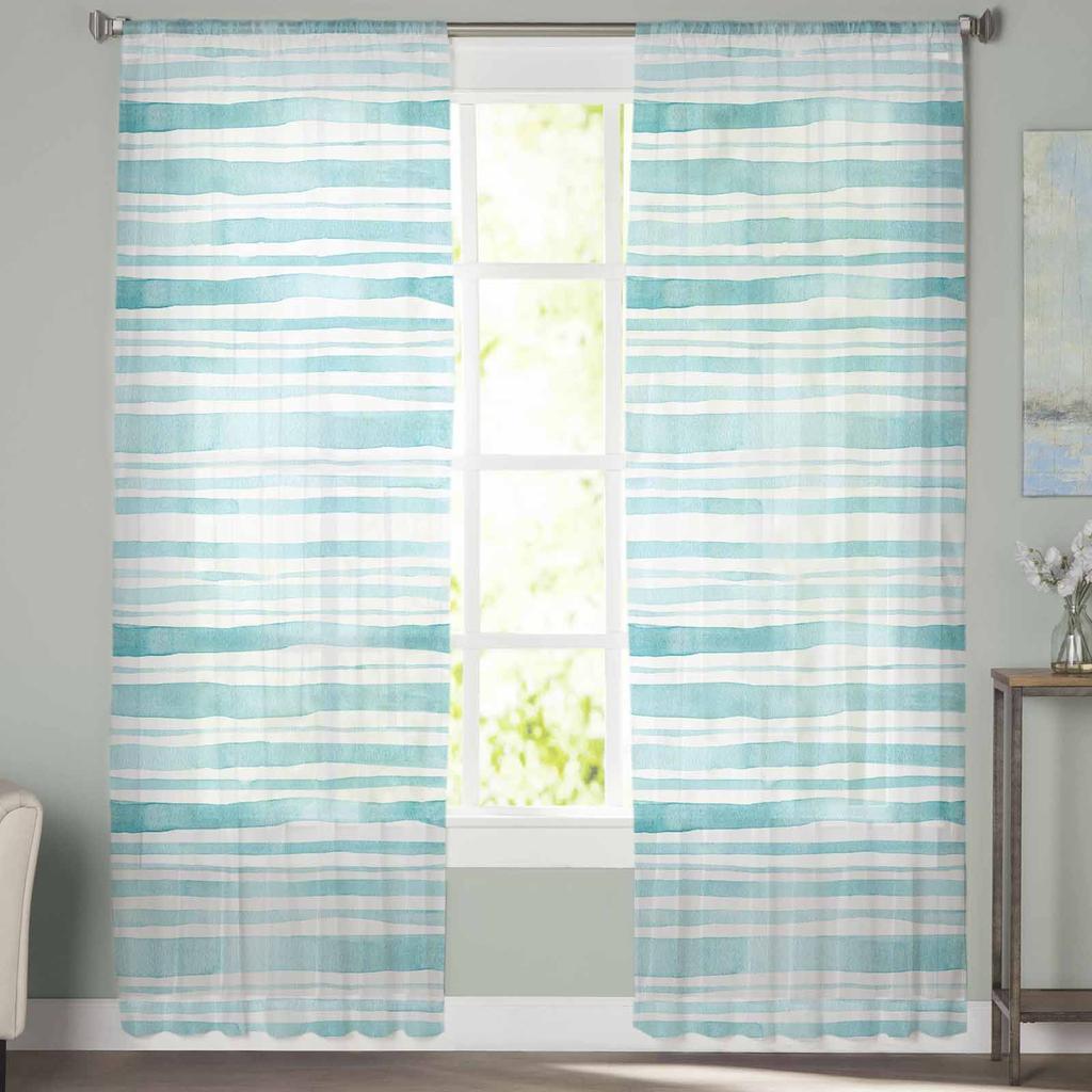 Aquarell Gestreifte Blaugrüne Tüll-Fenstervorhänge für Schlafzimmer Luxuriöse Heimdeko Vorhänge im Wohnzimmer Chiffon-Paneele