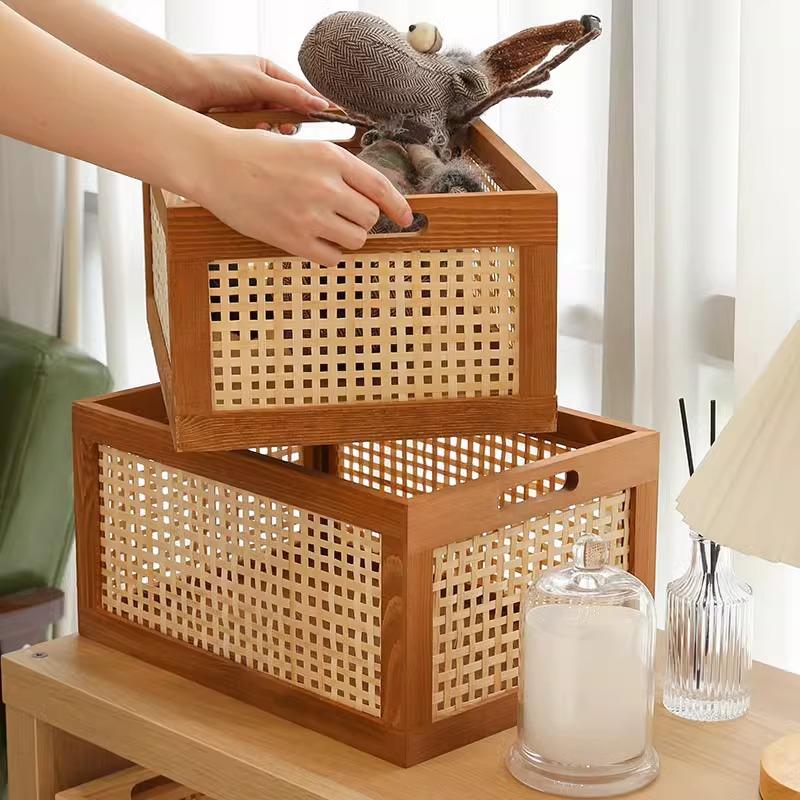 Retro Solid Wood Storage Box with Rattan Accents Multifunctional Desktop Organizer for Home Kitchen BathroomDecorativeUtilityBox