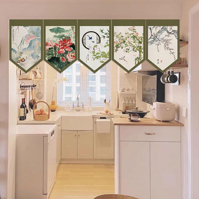 New Chinese Door Curtain Hanging Flag Teahouse Living Room Decoration Shade Curtain Partition Kitchen Door Short Half Curtain