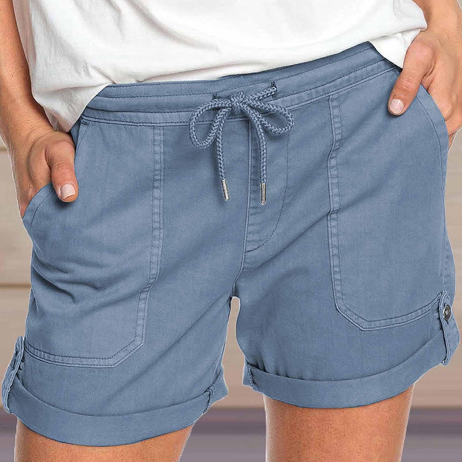 Womens Comfy Drawstring Color Casual Elastic Waist Pocket Shorts Pants L синий