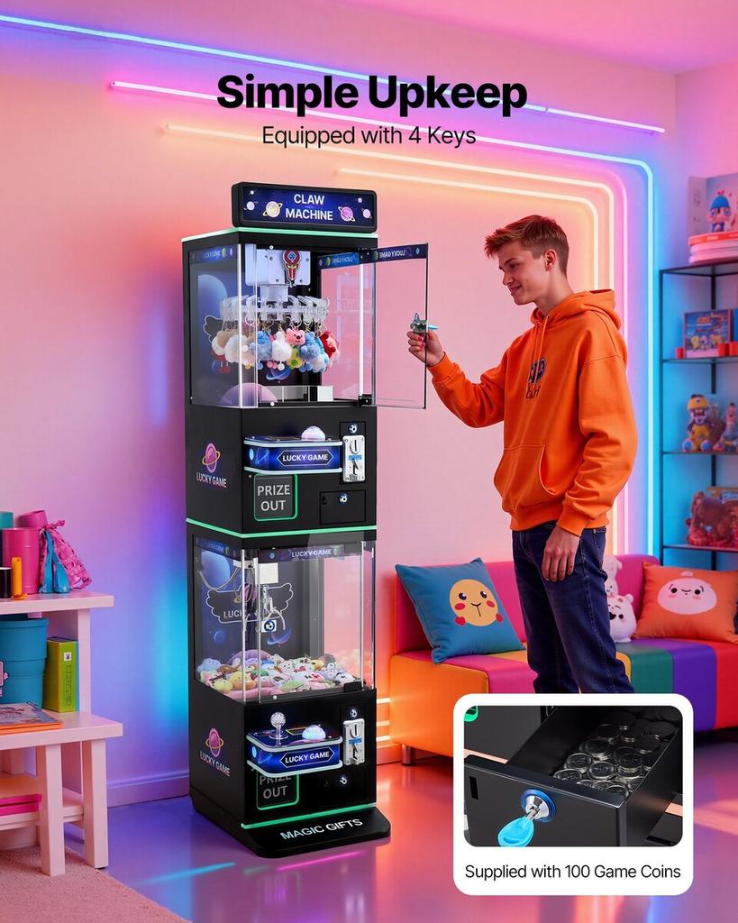 Claw Crane Machine, Medium-Sized Arcade Game Machine with Claw + Grabber Double-Layer, Light & Sound, Toy Candy Grabber Prize Dispenser Vending Toy,