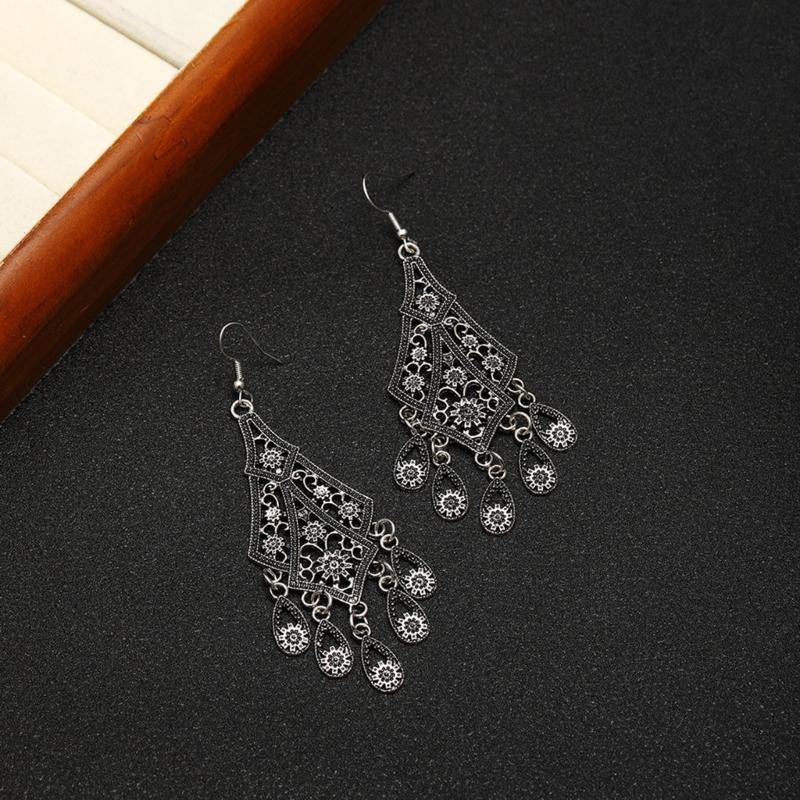 Vintage Hollow Out Droplet Flower Tassels Earrings Zinc Alloy Lightweight Dangle Jewelry for Women