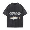 Buy Man Eat Fish Teach Lifetime Funny Meme Fish Distressed Faded Baggy Streetwear Tops for Park Hangouts