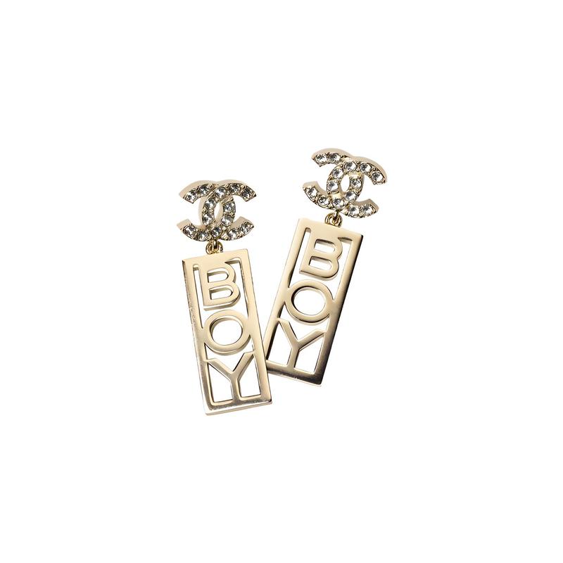 CHANEL metal and rhinestone BOY engraving pendant earrings gold