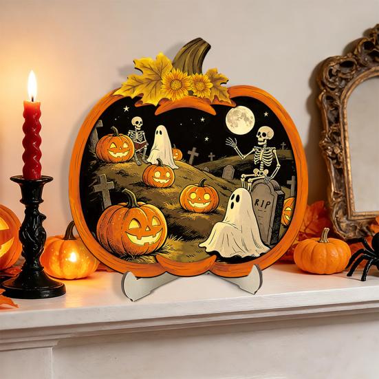 Mysterious Fantasy Home Decor Halloween Wooden Pumpkin Sign, LED Light Up Ghost Hanging Creepy Aesthetic Wall Sign for Indoor Outdoor Holiday