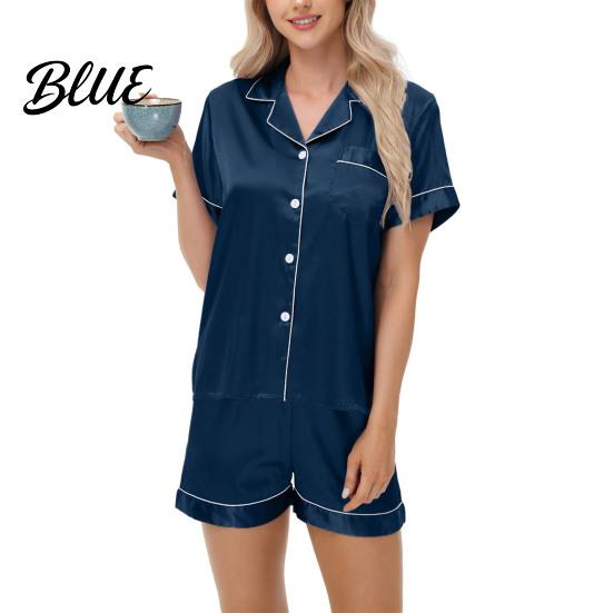 Casual Daily Wear Pajamas 2 Pcs/Set Suit Satin Single-breasted Cardigan Shirt V Neck Notch Collar