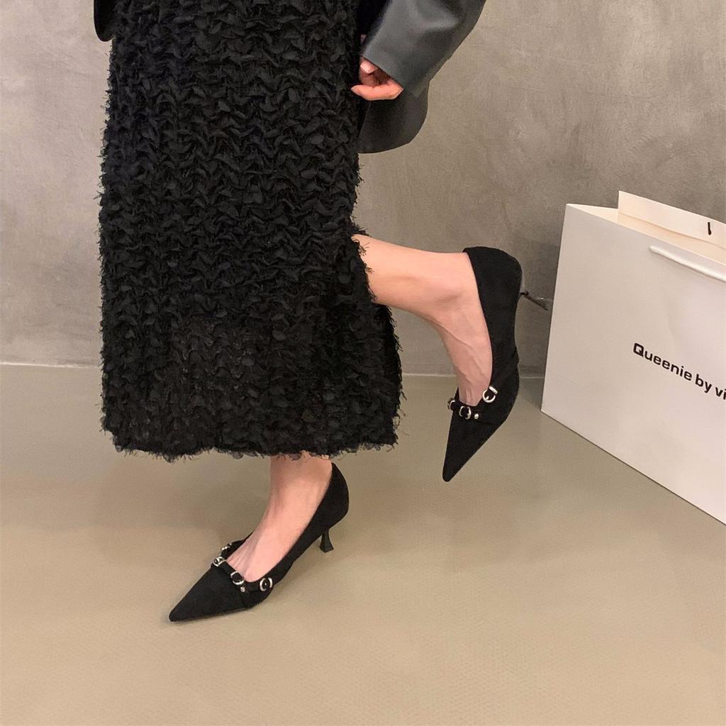 Pointed black high heels women's shoes spring temperament suede with skirt stiletto single shoes women