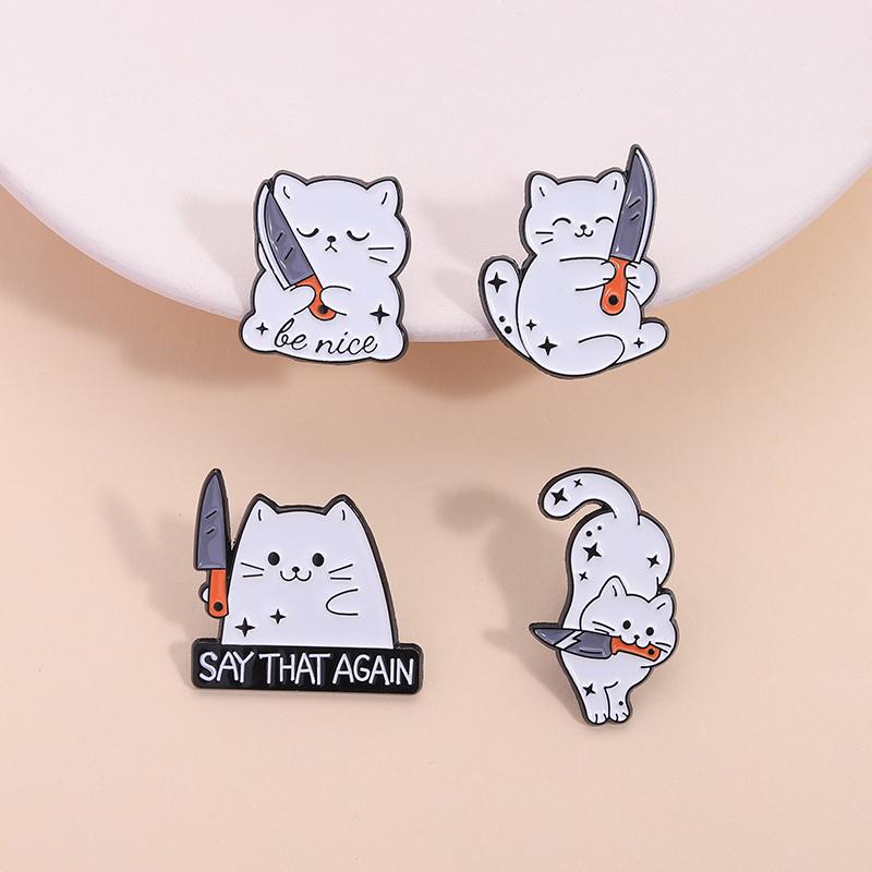 2-8pcs/set Cute Cat Enamel Pins Cartoon Big Eyes Black Kitties with Knife Animal Brooches Lapel Badge Jewelry Gifts For Friends