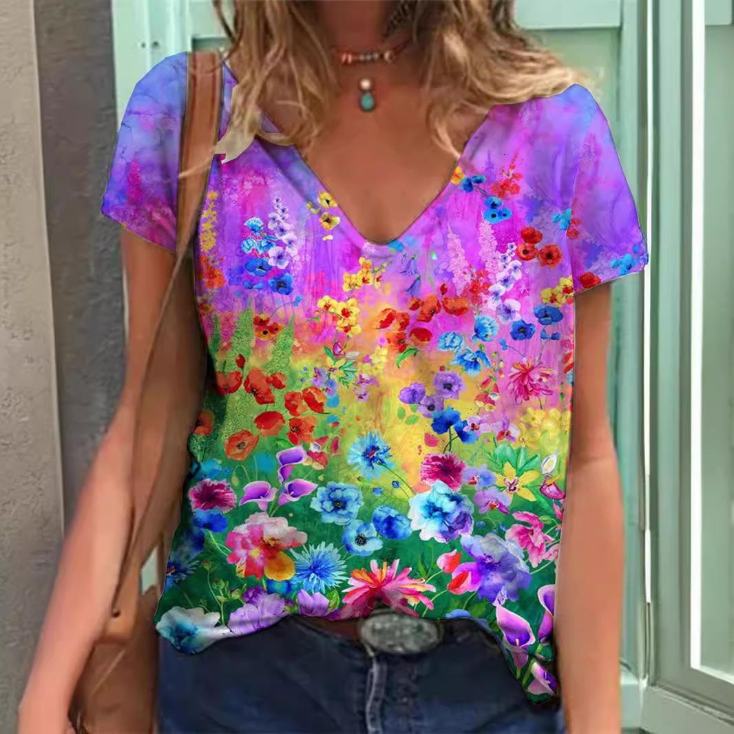 

Summer Women s Clothing Source Floral 3D Printed Women s Short Sleeved V-neck Loose T-shirt XXS