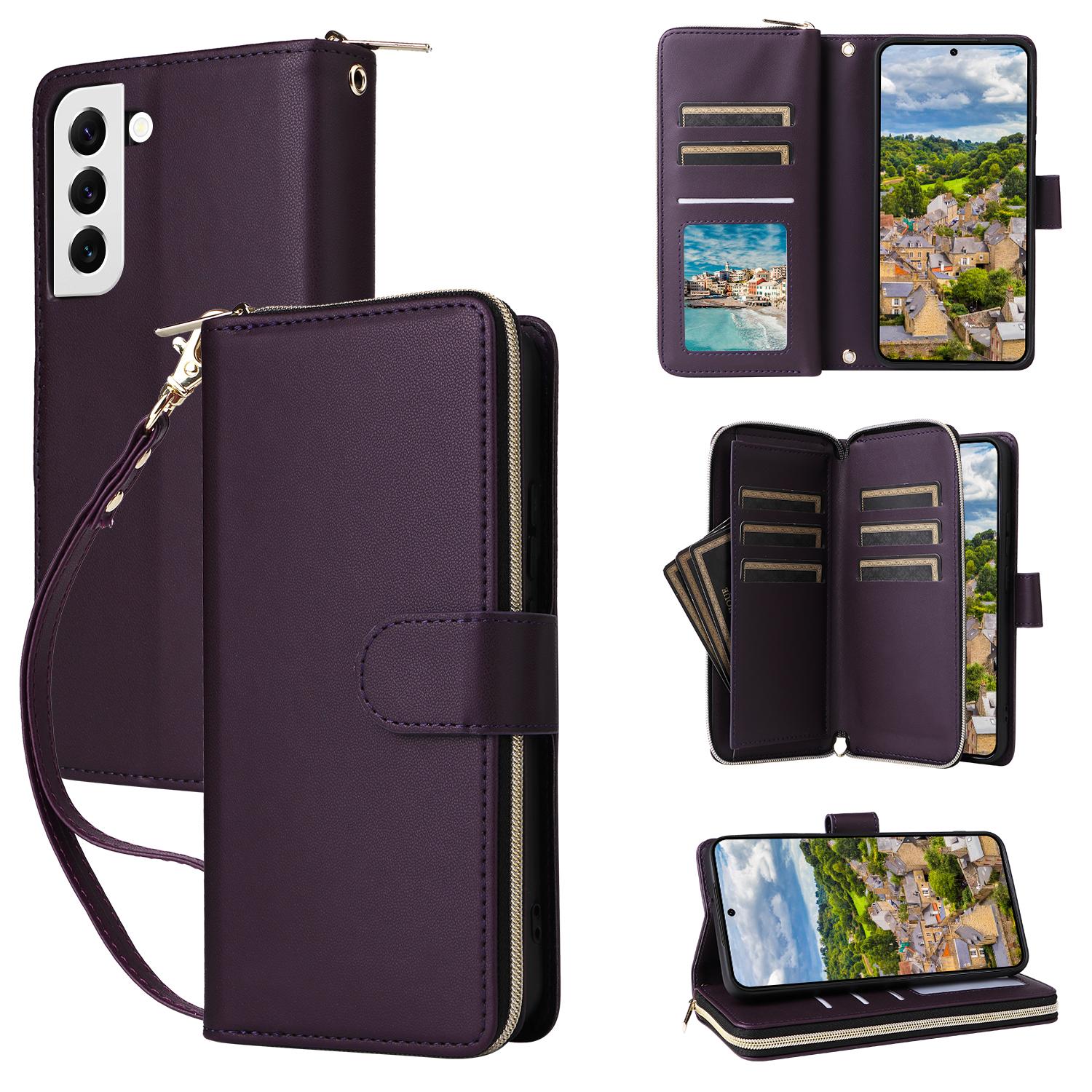 

R20 For Samsung Galaxy S22 5G Case PU Leather Zipper Phone Cover with Straps Dark Purple