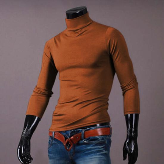 Camiseta Cor Sólida Manga Comprida Algodão Masculina Gola Alta Slim Básica Top para Primavera