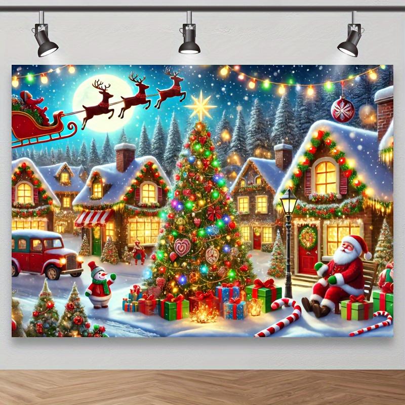 Christmas Village Photography Background Cloth - Snow City Christmas Tree and Santa Claus Sled Scene