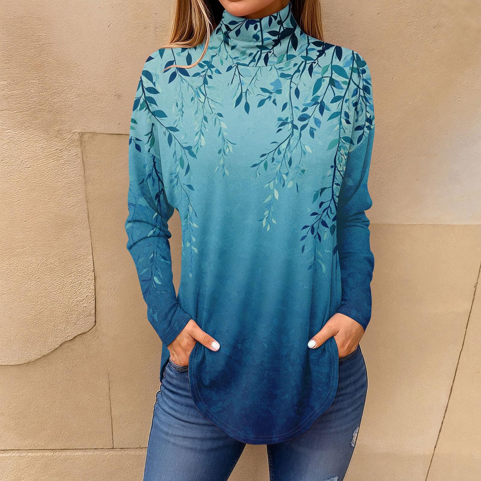 

Футболки для женщин, осенние повседневные рубашки с длинными рукавами, толстовка с винтажным принтом, топ с высоким воротом, пуловер XL синий