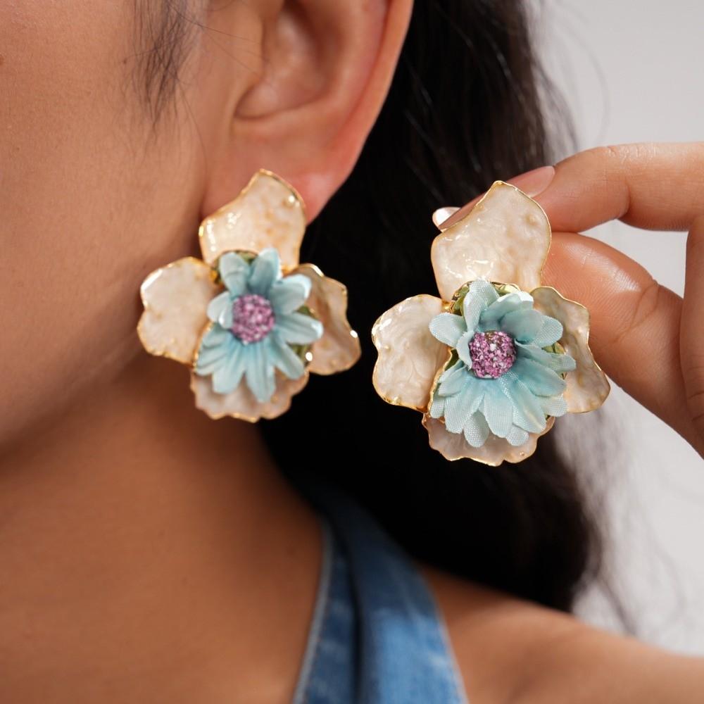 Oil Drip Colorful Flower Earrings Korean Style Floral Ear Studs Exaggerated Ear Pendant Daily