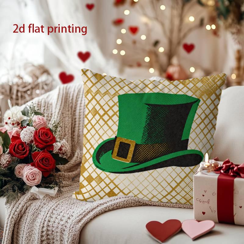 St. Patrick's Day Green Top Hat Patterned Pillow Cover Pattern Cushion Cover Suitable for Sofa Bedroom Car Pillow Cover