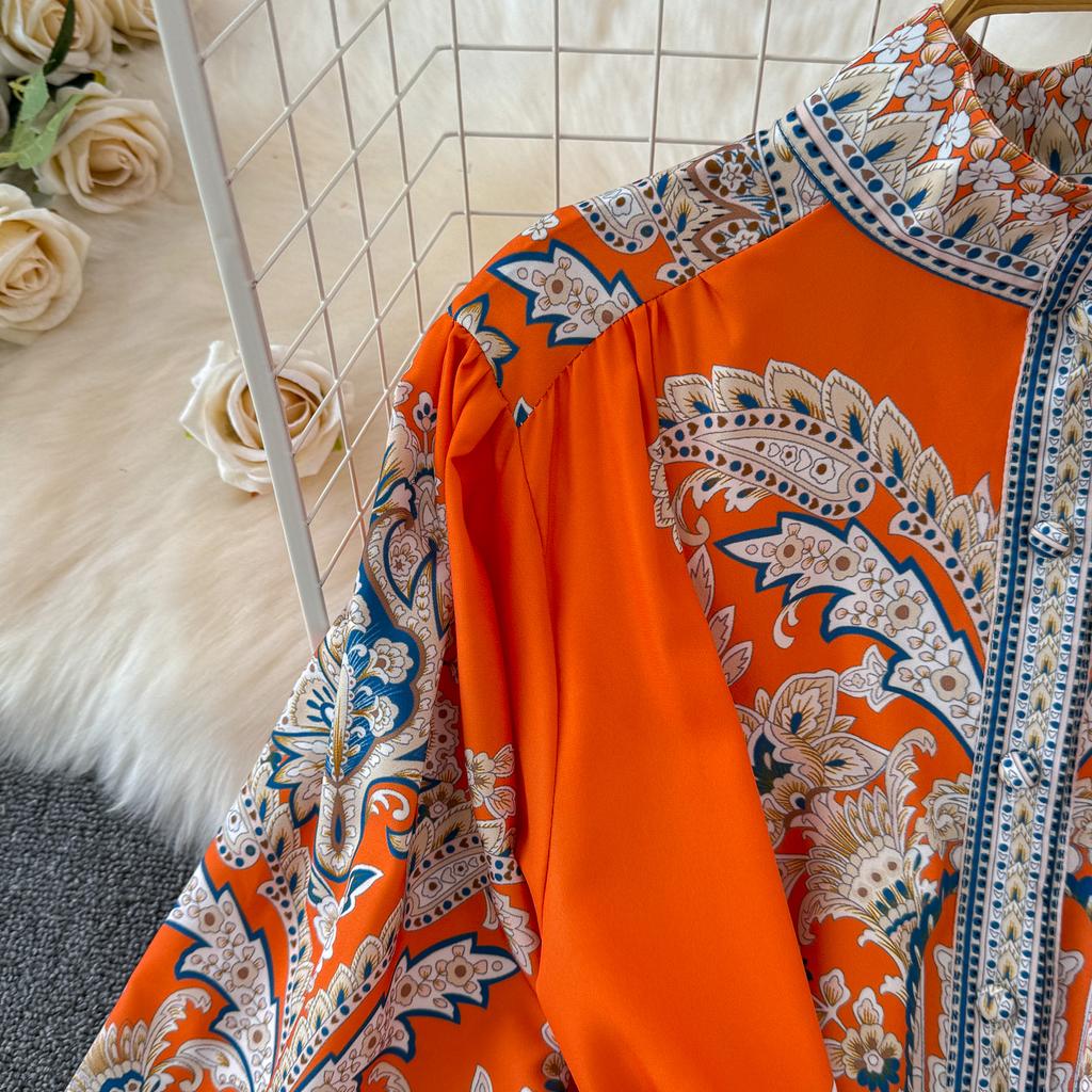 Vintage Langes Kleid für Damen, Frühling, Herbst, Blumendruck, Robe, Stehkragen, elegant, einreihig, Schnürgürtel, plissiertes Maxikleid