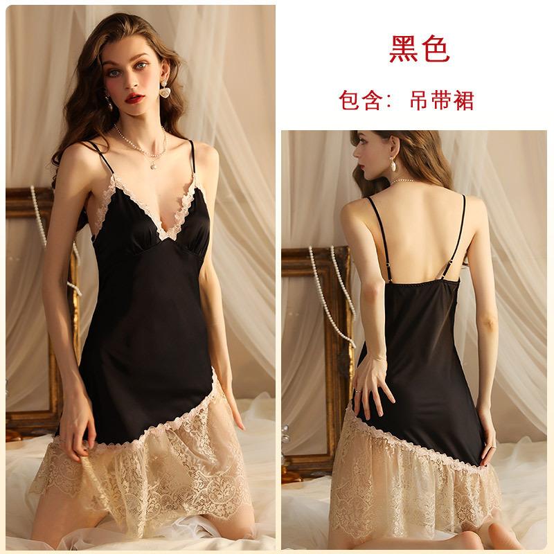 Multi-Style Pure Desire Lace Nightgown V Mesh Patchwork Satin Skin-Friendly Cami Loungewear Versatile Seductive Sleepwear with Diverse Style Options