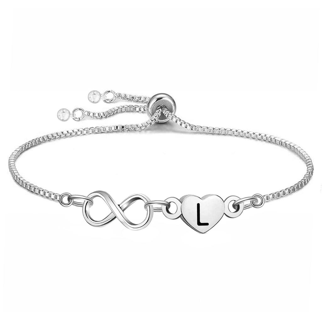 Stainless Steel Infinity Heart Initial Letter Bracelet Adjustable Slider Box Chain Bracelet for Women