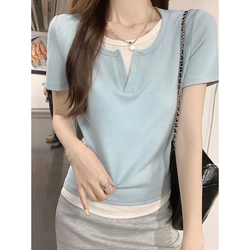 

Однотонная повседневная футболка с коротким рукавом, женская летняя приталенная модная офисная женская футболка, элегантная простая футболка с круглым вырезом, женская 24237 XL синий